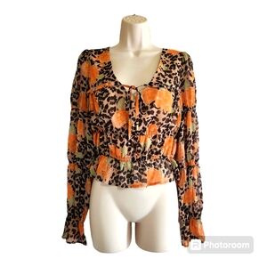 Majorelle Long Sleeve Floral Animal Print Blouse Crop Top Small
